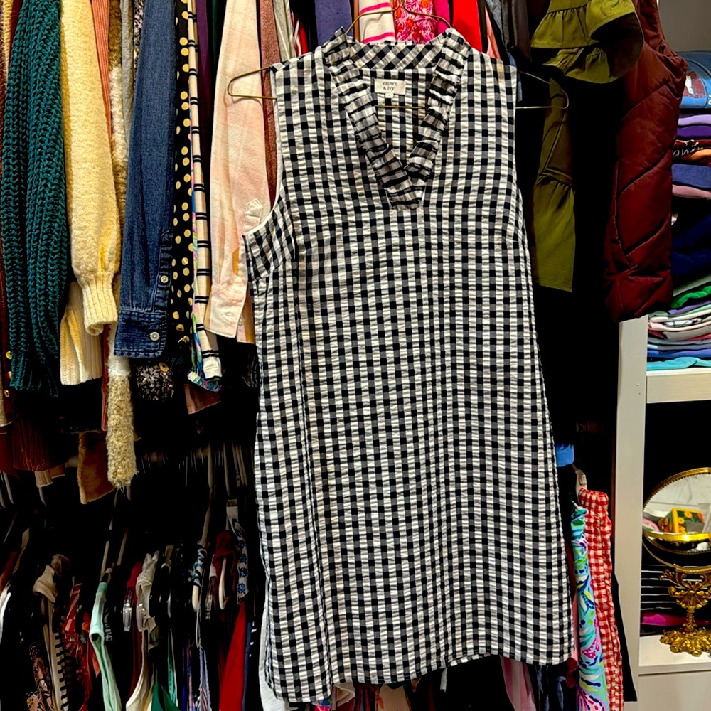 Crown & Ivy Navy Gingham Sleeveless Ruffle Collar Dress Size 2